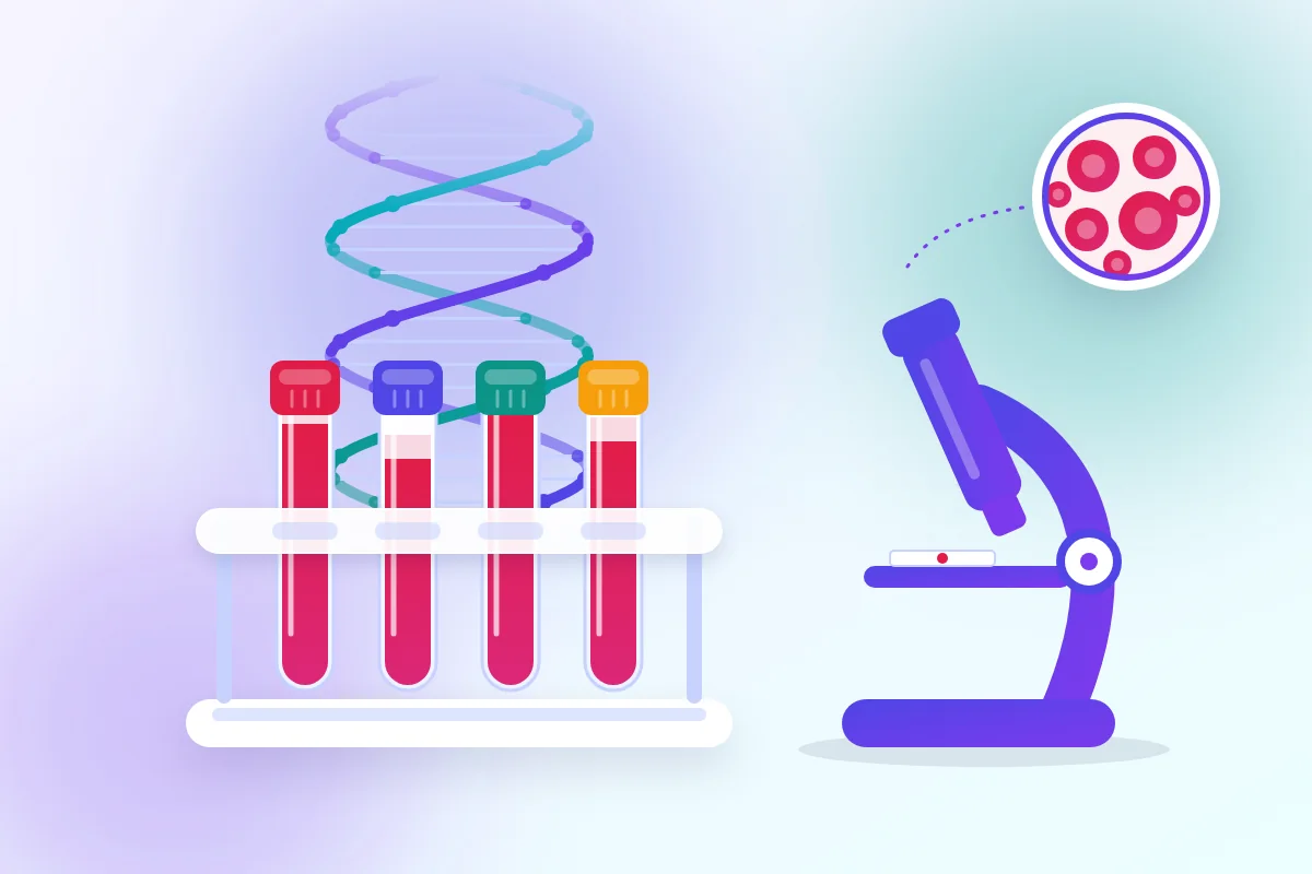 لوله‌های نمونه خون با درپوش‌های رنگی در جالوله‌ای، مارپیچ DNA در پس‌زمینه و یک میکروسکوپ برای آزمایش DNA و خون