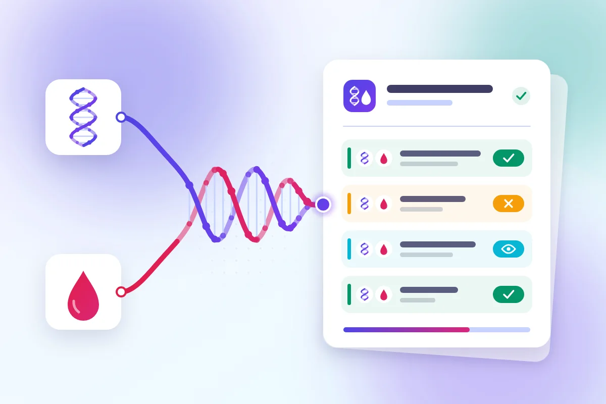 مارپیچ DNA و قطره خون که در هم می‌پیچند و یک گزارش DNA و آزمایش خون با ردیف‌های نتایج رنگ‌بندی‌شده می‌سازند