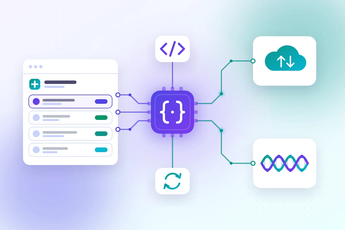 תרשים DNA API: תוכנת המרפאה מחוברת דרך שבב קוד לענן ולסליל DNA, עם סמלי קוד ועיבוד אסינכרוני