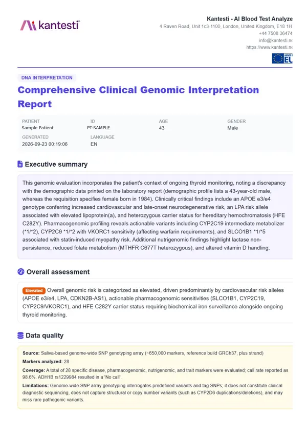 نمونه گزارش تفسیر آزمایش DNA با هوش مصنوعی، صفحه 1: خلاصه اجرایی، ارزیابی کلی و کیفیت داده