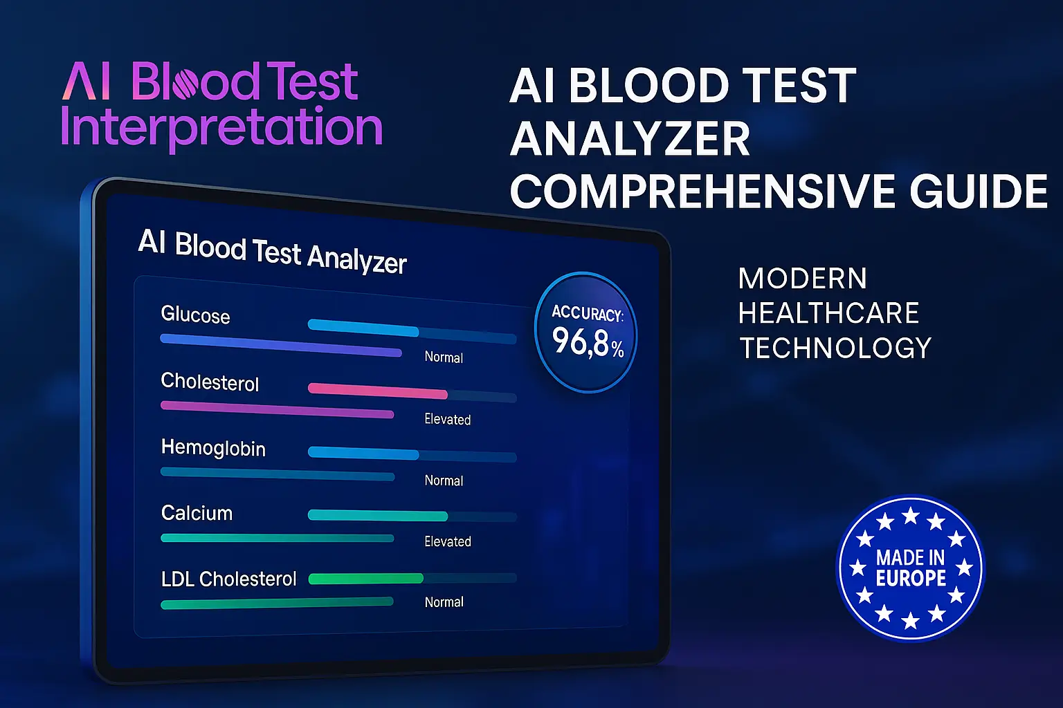 AI-powered blood test analysis technology showing digital interface analyzing multiple biomarkers with 96.8% accuracy for modern healthcare diagnostics