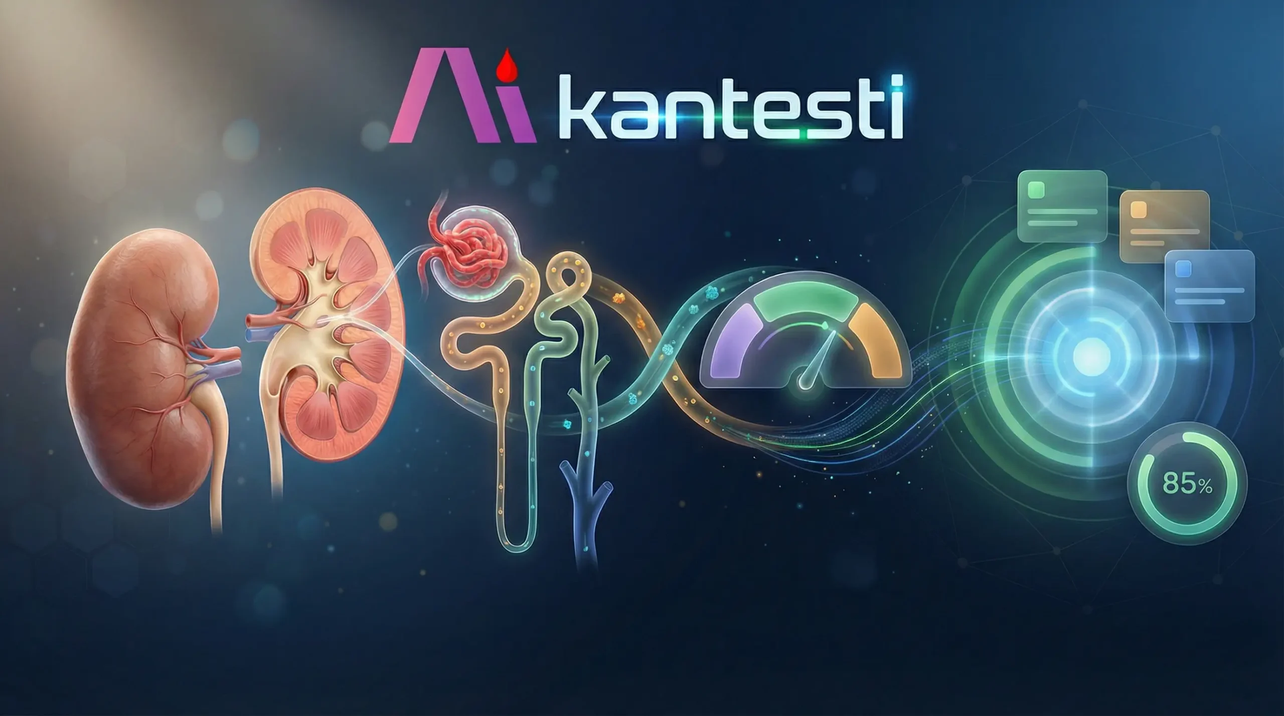 Featured image showing BUN/Creatinine ratio kidney function test concept with anatomical kidney illustration, nephron filtration visualization, and AI-powered blood test analysis for comprehensive renal health assessment