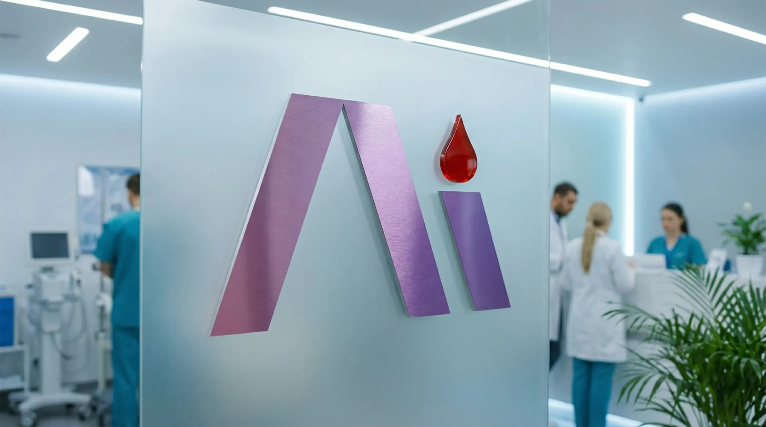 Логотип анализатора крви Кантести АИ приказан је на стакленом зиду у модерној медицинској клиници са здравственим радницима у позадини