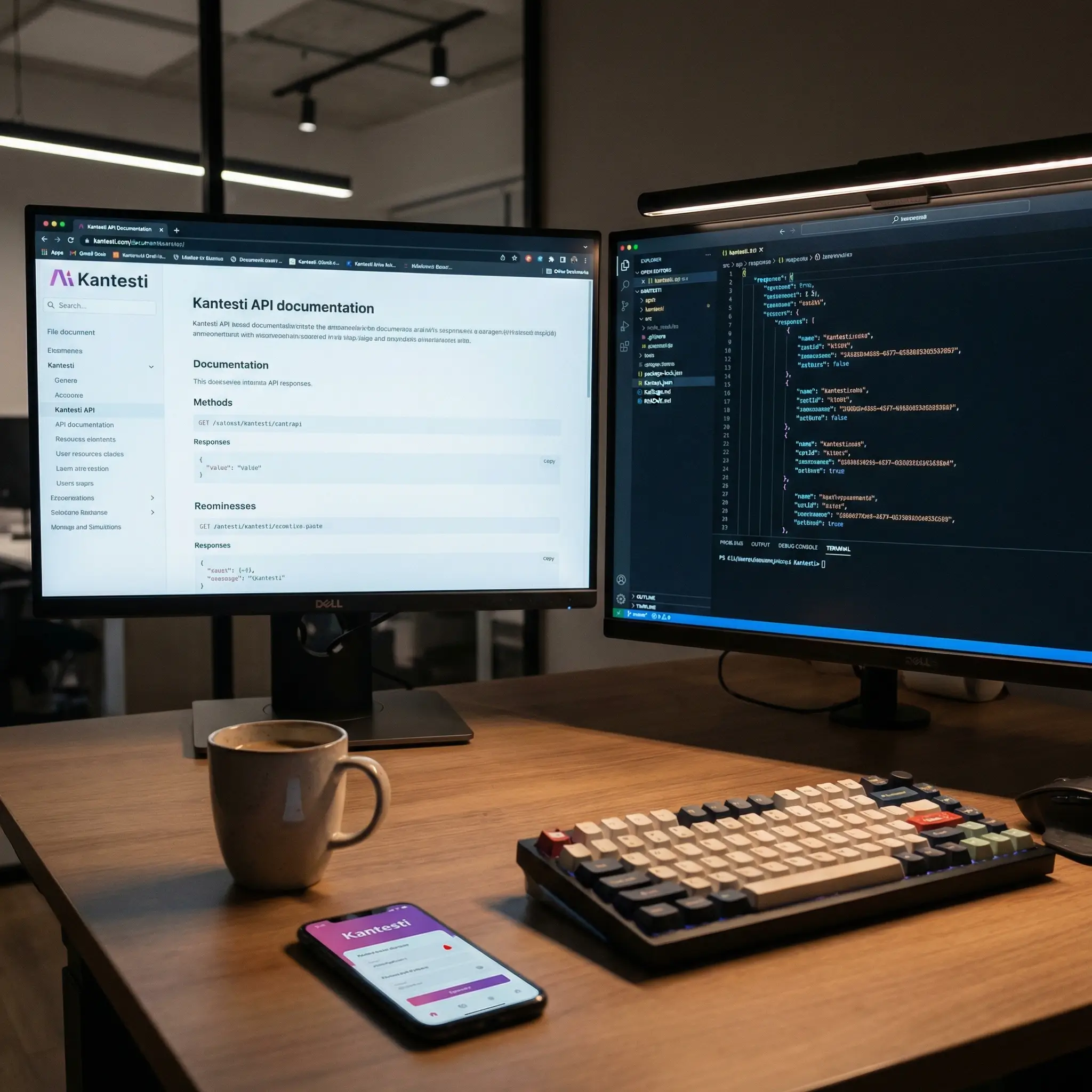 พื้นที่ทำงานของนักพัฒนาที่แสดง API ของ Kantesti พร้อมเอนด์พอยต์สำหรับการเปรียบเทียบผลตรวจเลือด AI ด้านโภชนาการ และการวิเคราะห์แนวโน้ม