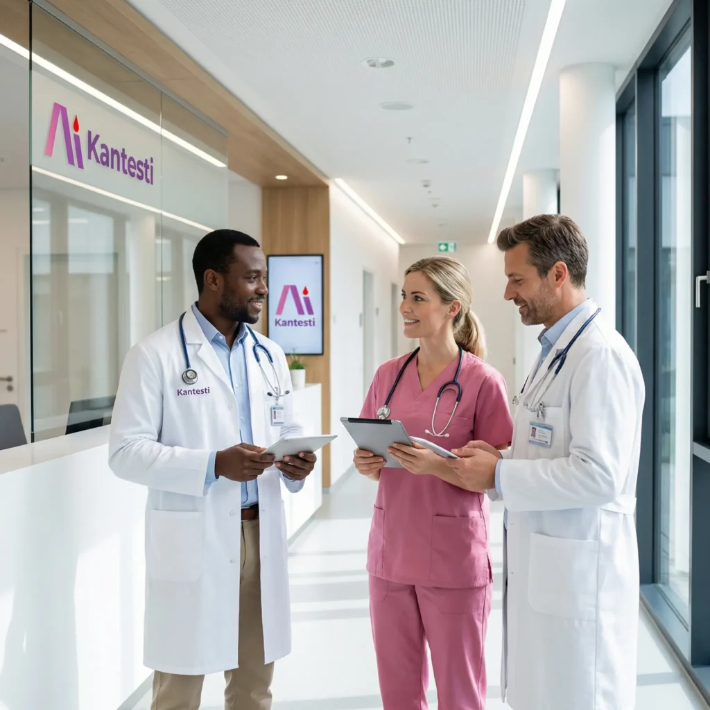 บุคลากรทางการแพทย์จาก Kantesti หลากหลายสาขา กำลังหารือเกี่ยวกับการตีความผลตรวจเลือดเฉพาะบุคคลในโรงพยาบาล