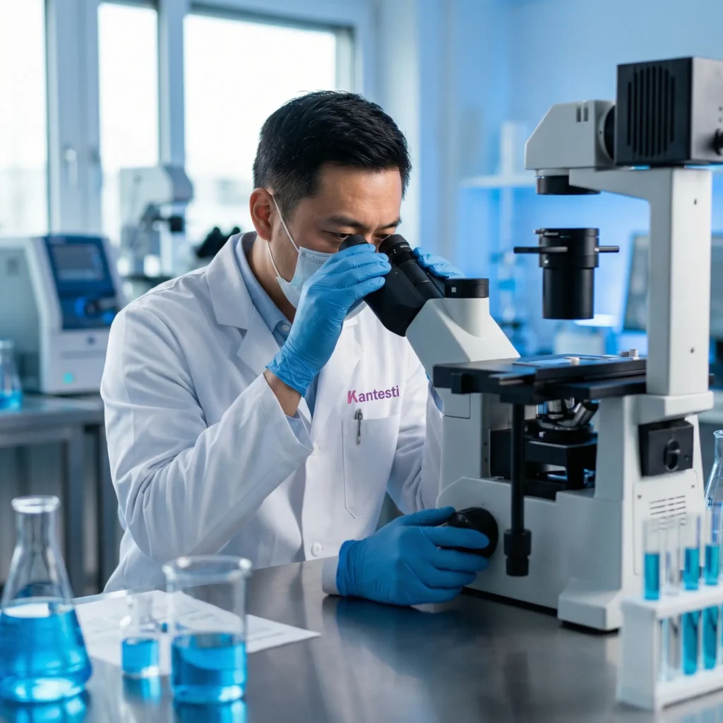 นักวิทยาศาสตร์ในห้องปฏิบัติการ Kantesti กำลังวิเคราะห์ตัวอย่างเลือดด้วยกล้องจุลทรรศน์เพื่อการตีความโดยใช้ปัญญาประดิษฐ์ (AI)