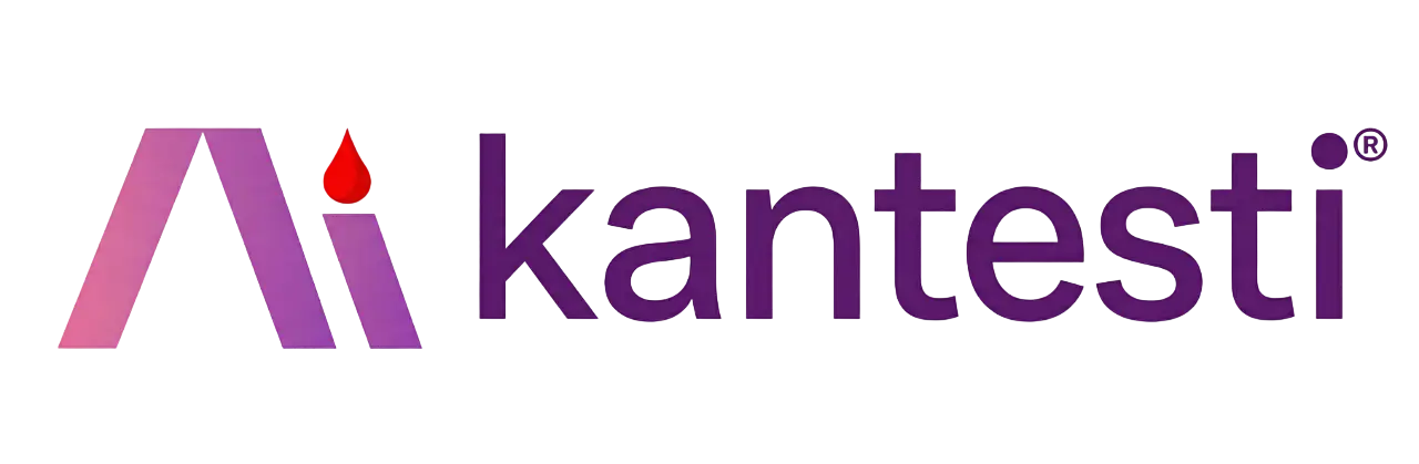 Professional medical logo for Kantesti featuring a minimalist purple AI icon with a red blood drop graphic for health analysis.