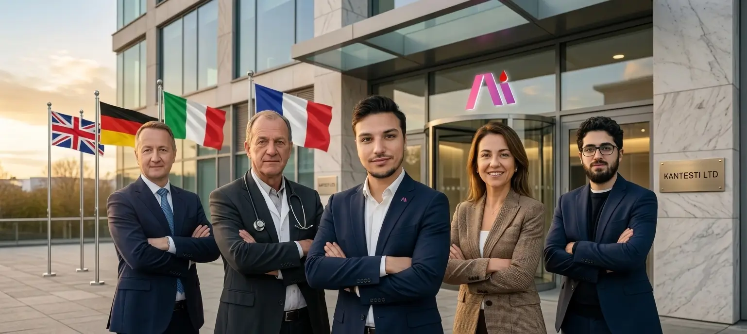 Kantesti Ltd team at international headquarters with United Kingdom, Germany, Italy and France flags. AI-powered blood test analysis company serving 2 million users across 127 countries in 75 languages.