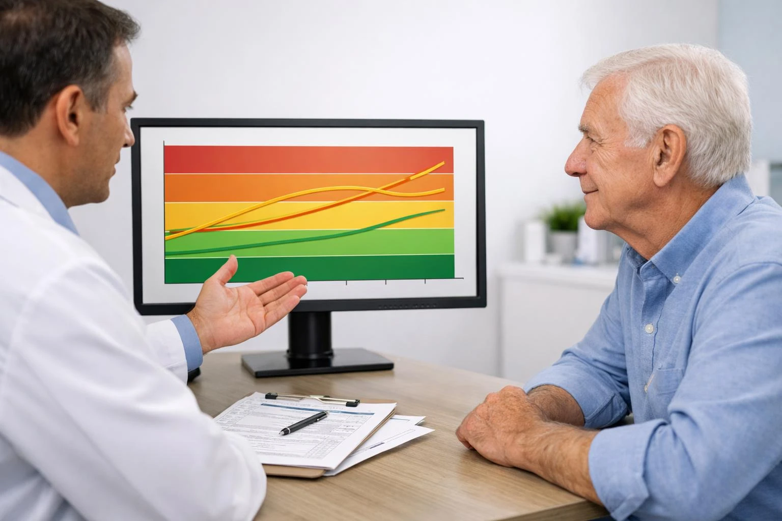 Leeftijdsspecifieke PSA-grafiek op een scherm in de kliniek met normale referentiewaarden per decennium