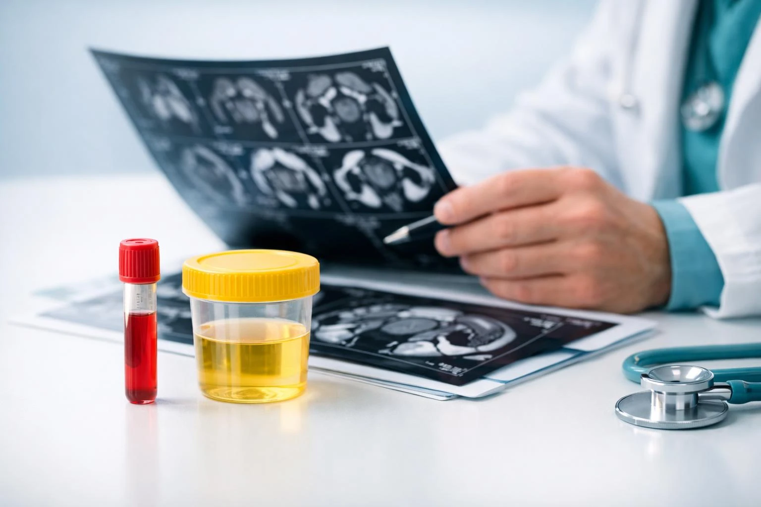 Combinatie van PSA-bloedbuis, urinemonster voor urinalyse en bespreking van de planning voor een prostaat-MRI