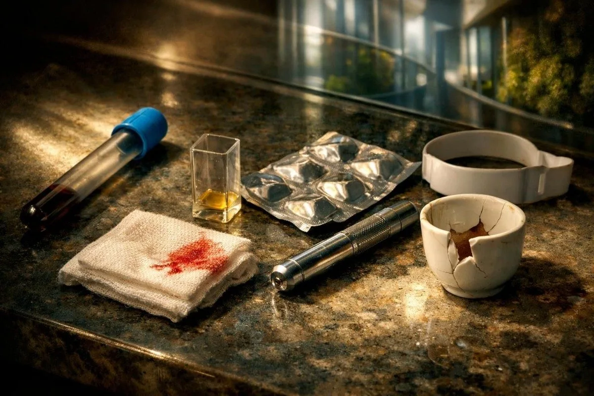 凝血实验室物品与纱布及抗凝药片并列，提示出血风险