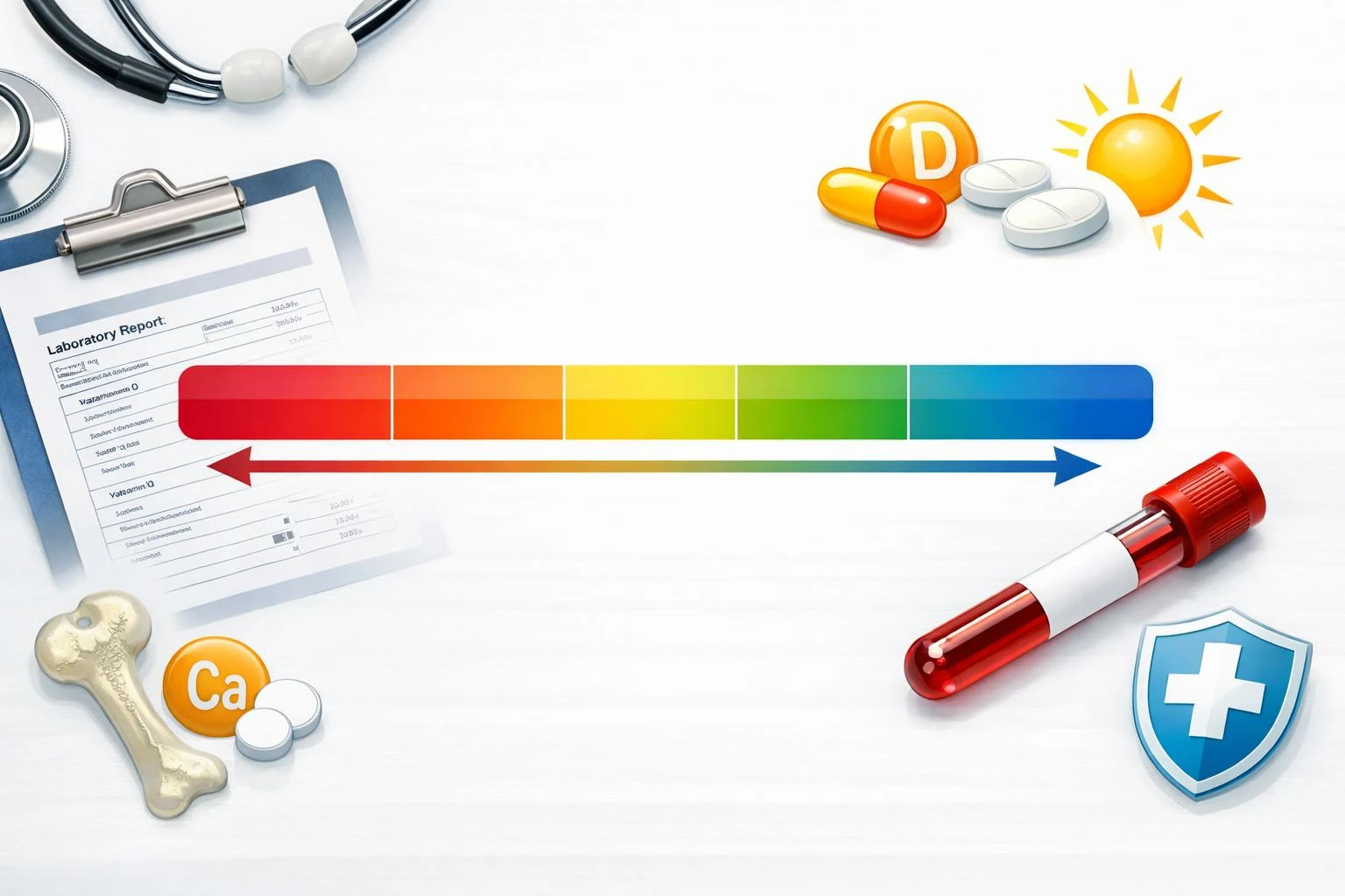 Vitamin D blood test result chart showing low normal and high vitamin D levels in a clean clinical infographic