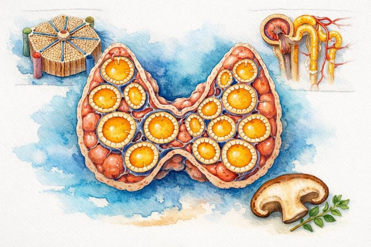 Waterkleurige anatomy fan de skildklier en organen foar aktivearring fan fitamine D brûkt yn werhelle testen