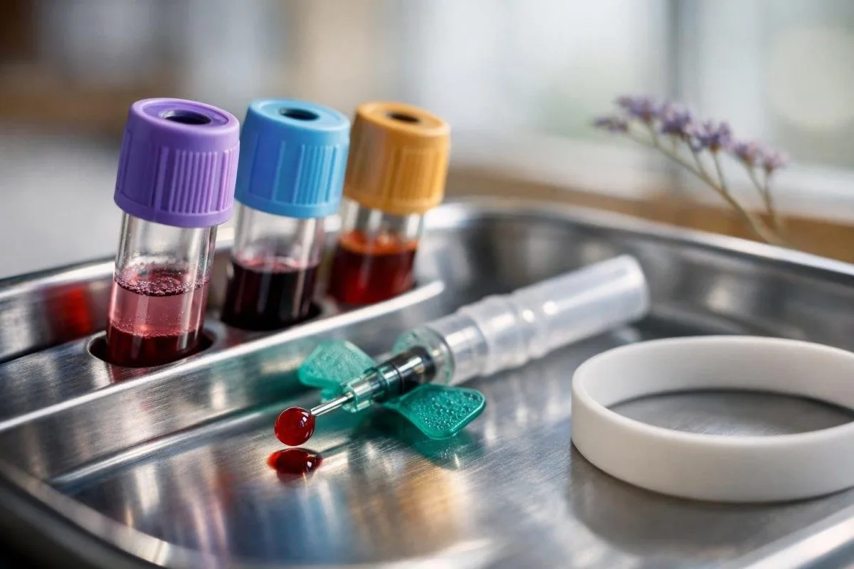 Цветные пробирки и игла-бабочка, подготовленные для анализа крови перед операцией