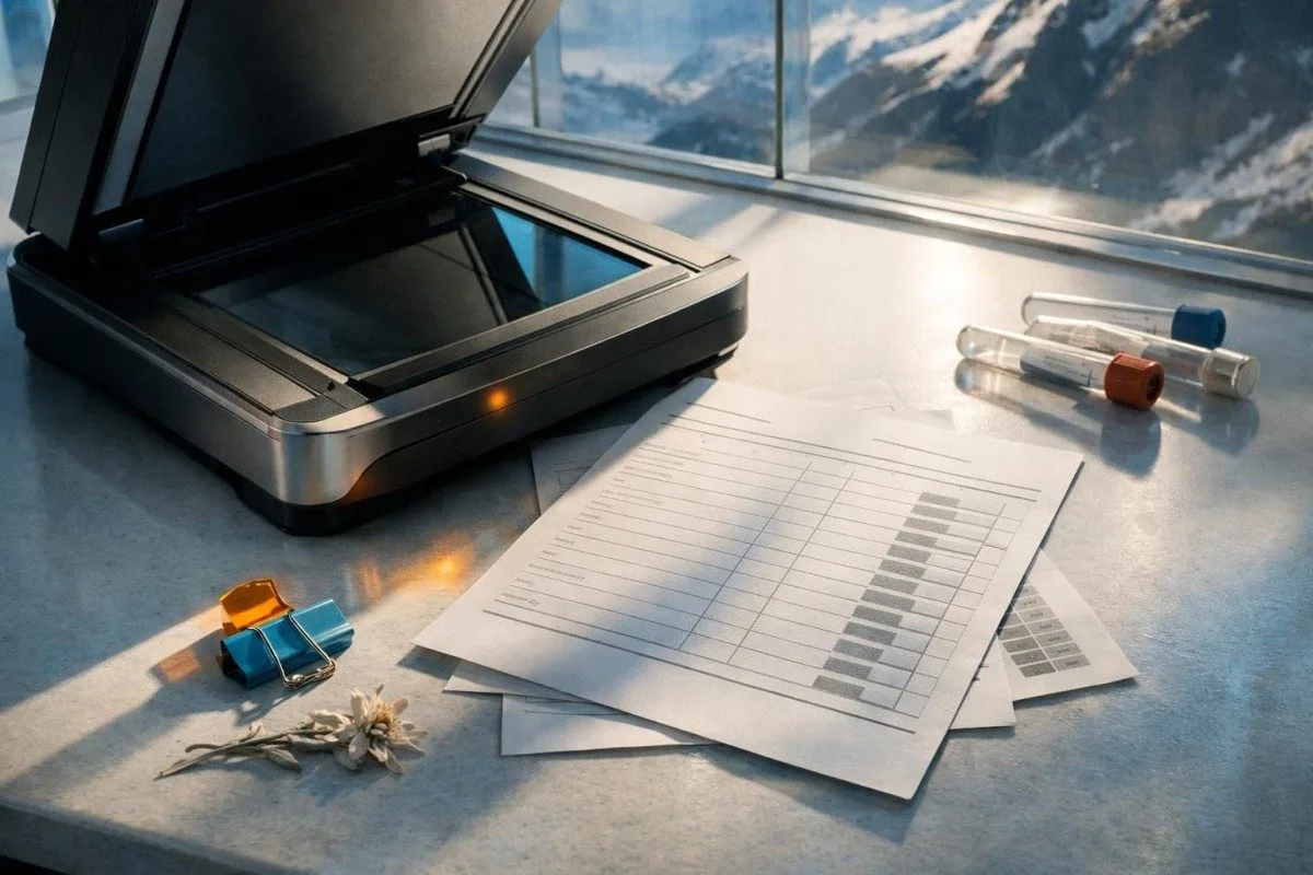 Printed lab report pages and digital extraction layers explaining a blood test PDF upload workflow