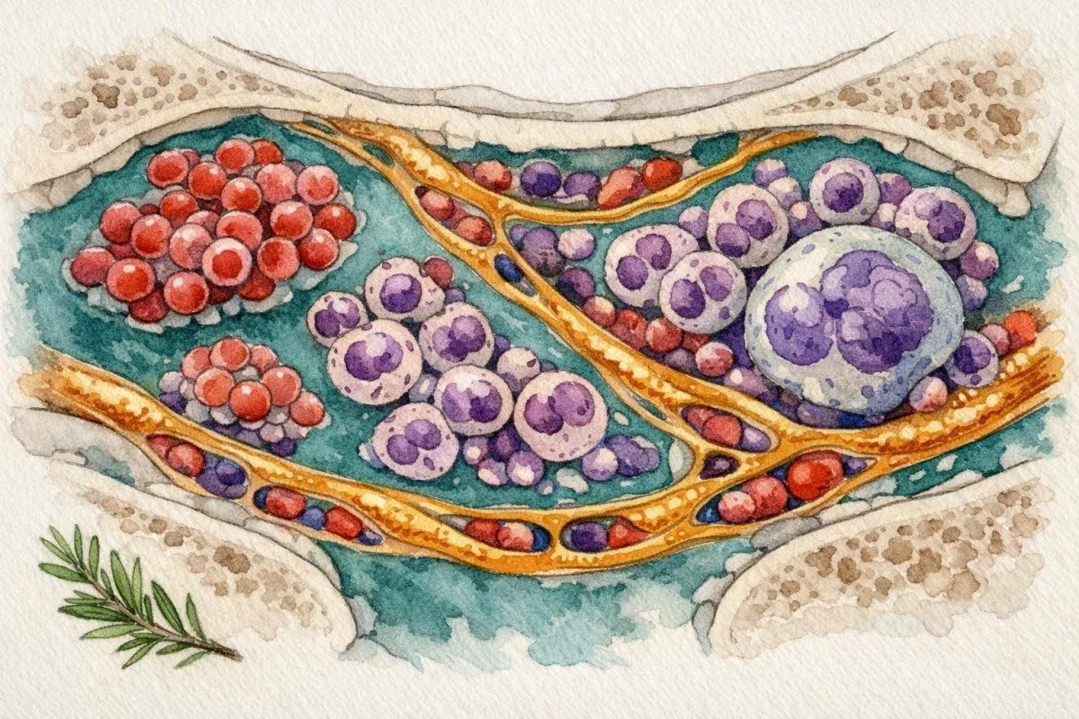 Watercolor anatomy ng bone marrow na ipinares sa mga temang pang-laboratoryong interpretasyon