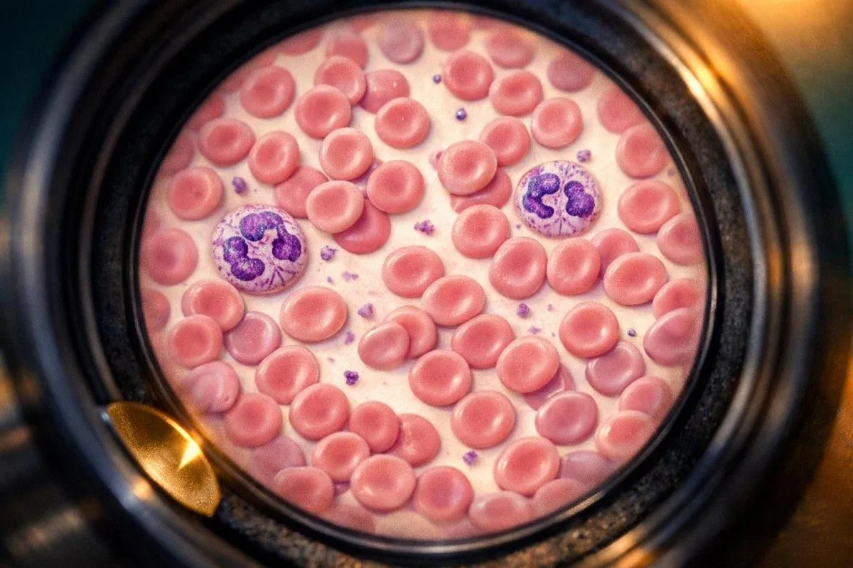 Slide ng sample ng selula na nagpapakita ng mga pulang selula, kakaunting platelet, at neutrophil