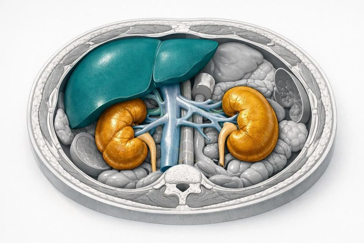 Abdominal cross-section na nagha-highlight sa mga bato at atay sa interpretasyon ng urgent na lab