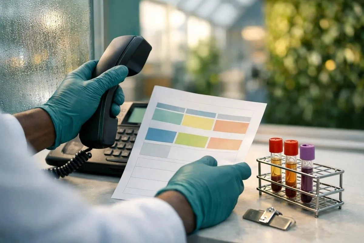 Ang clinician na tumatawag pabalik sa pasyente para sa urgent na lab habang sinusuri ang mga sample ng chemistry