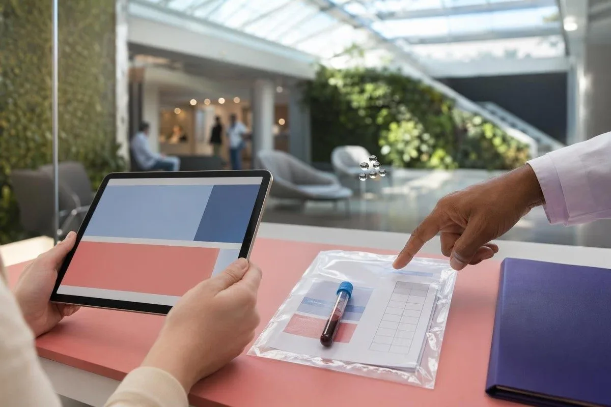 医師の支援が近くにあるタブレット上で、患者の手がCRP血液検査結果を確認する様子