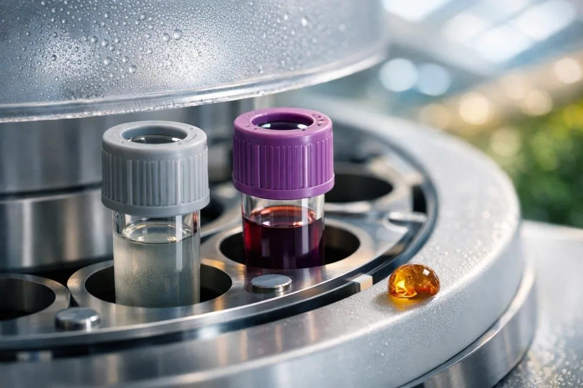 Tubos de ensayo de HbA1c y glucosa en ayunas dispuestos junto a un esquema de flujo de trabajo diagnóstico