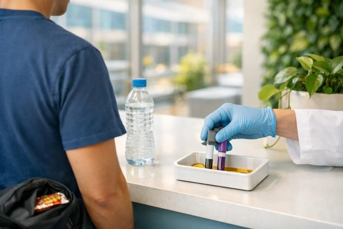 Preparación de la consulta a primera hora de la mañana para la toma de muestras de glucosa en ayunas antes del desayuno