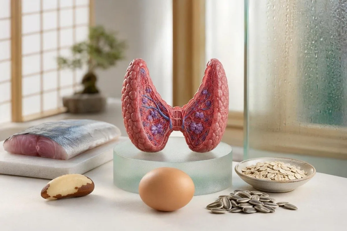 Seleeniä runsaasti sisältävät ruoat esitettynä anatomisen kilpirauhasen mallin ympärillä