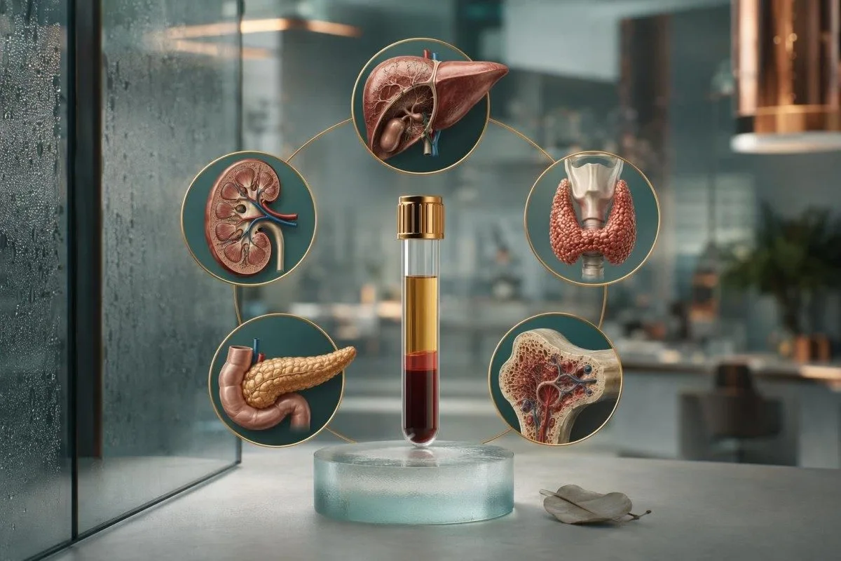héroe del análisis de sangre de cuerpo completo con un vial de suero rodeado por el hígado, el riñón, la tiroides, el páncreas y la médula