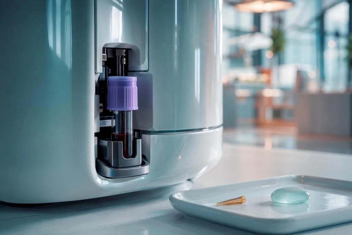 Lymphocytes huonyeshwa kama vipengele vya seli kando ya kichanganuzi cha <b>CBC</b> kwenye maabara ya kisasa