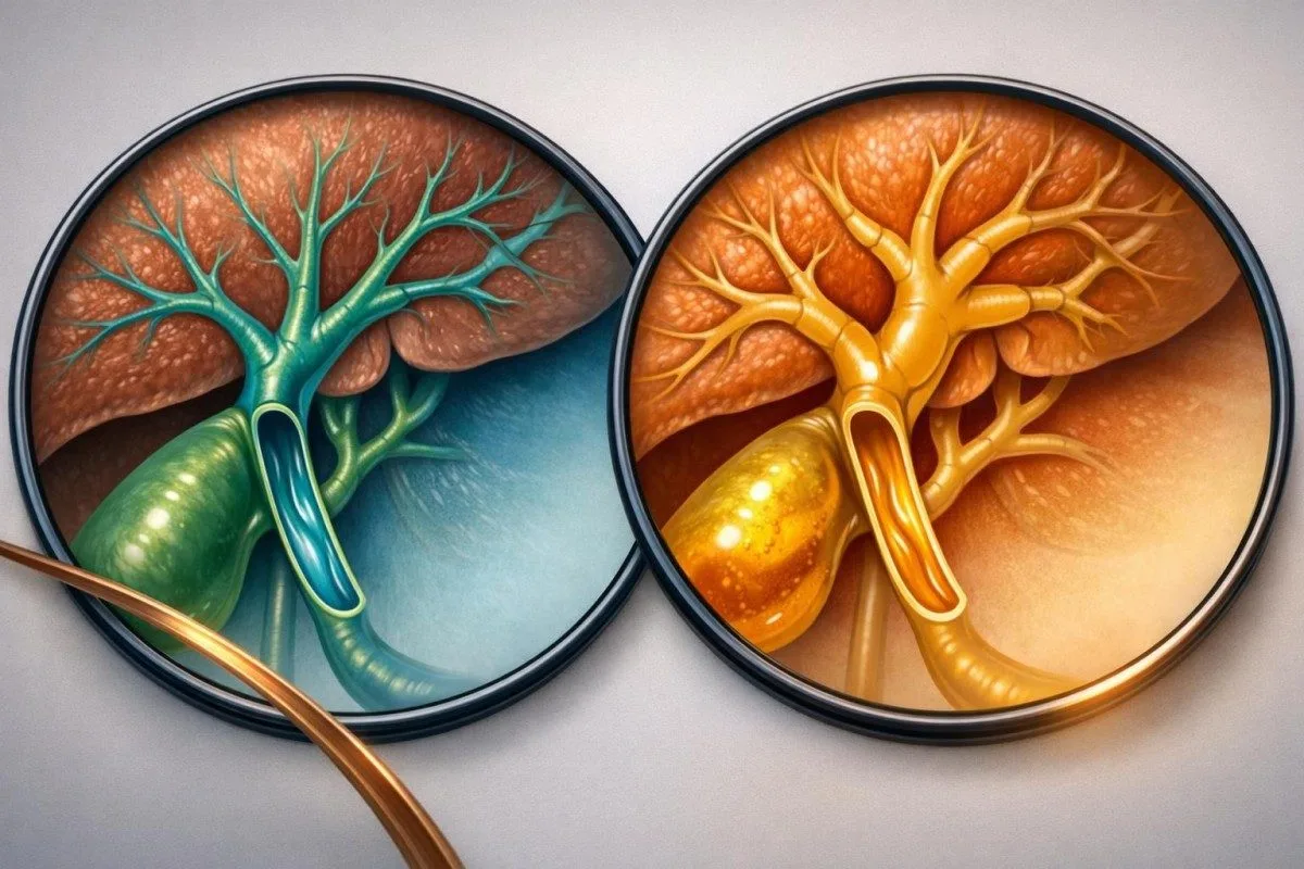 Comparison of open bile flow versus cholestatic backup in bile ducts