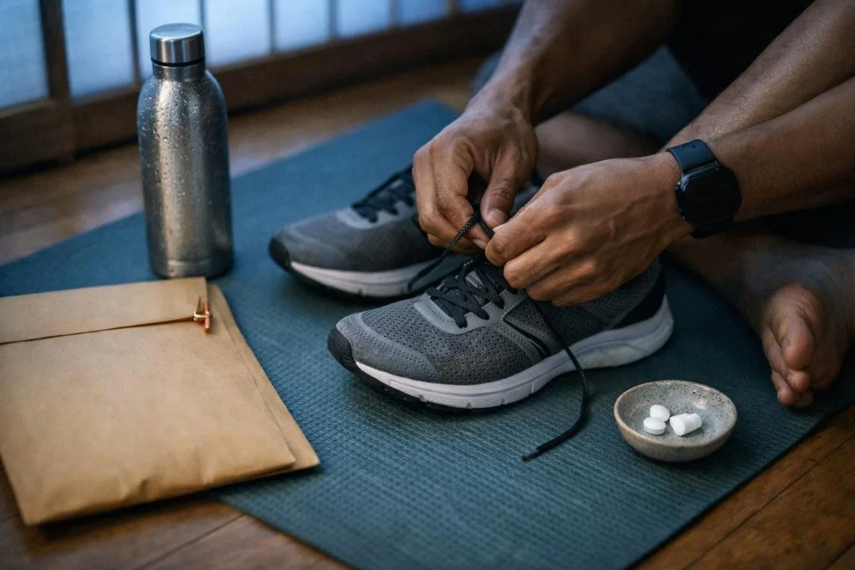 Runner's gear beside lab materials to illustrate exercise-related liver enzyme changes