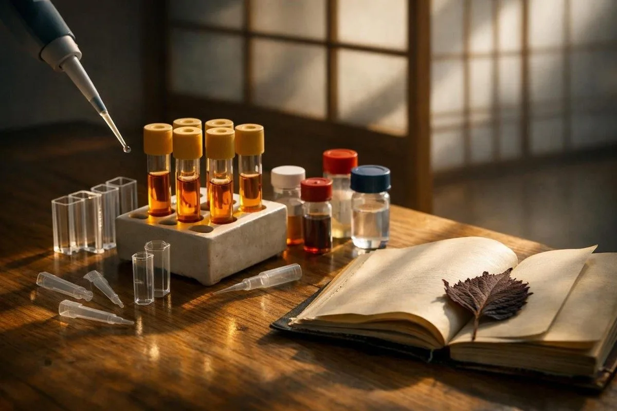Laboratory still life with serum tubes and enzyme assay setup for liver testing