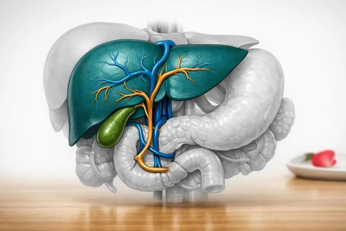 Liver, gallbladder and portal circulation shown in abdominal anatomical context