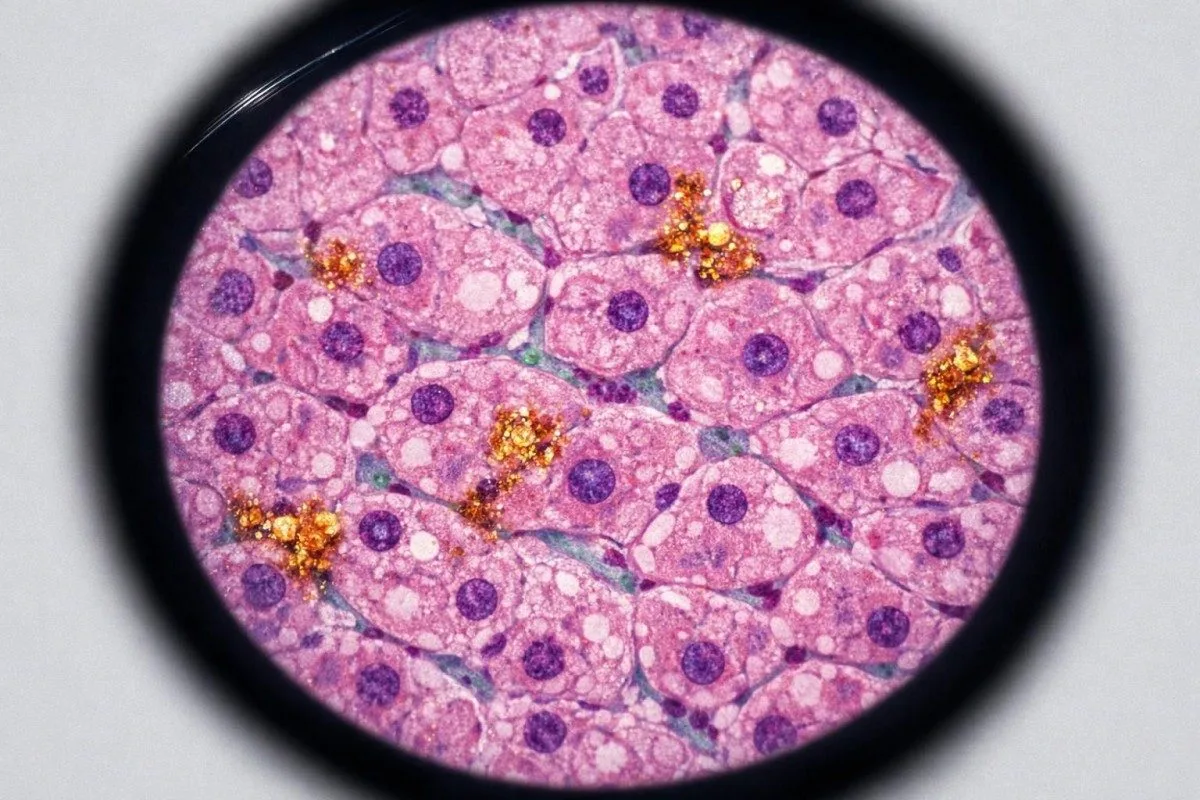 Microscopic view of hepatocytes with fatty change and canalicular buildup patterns