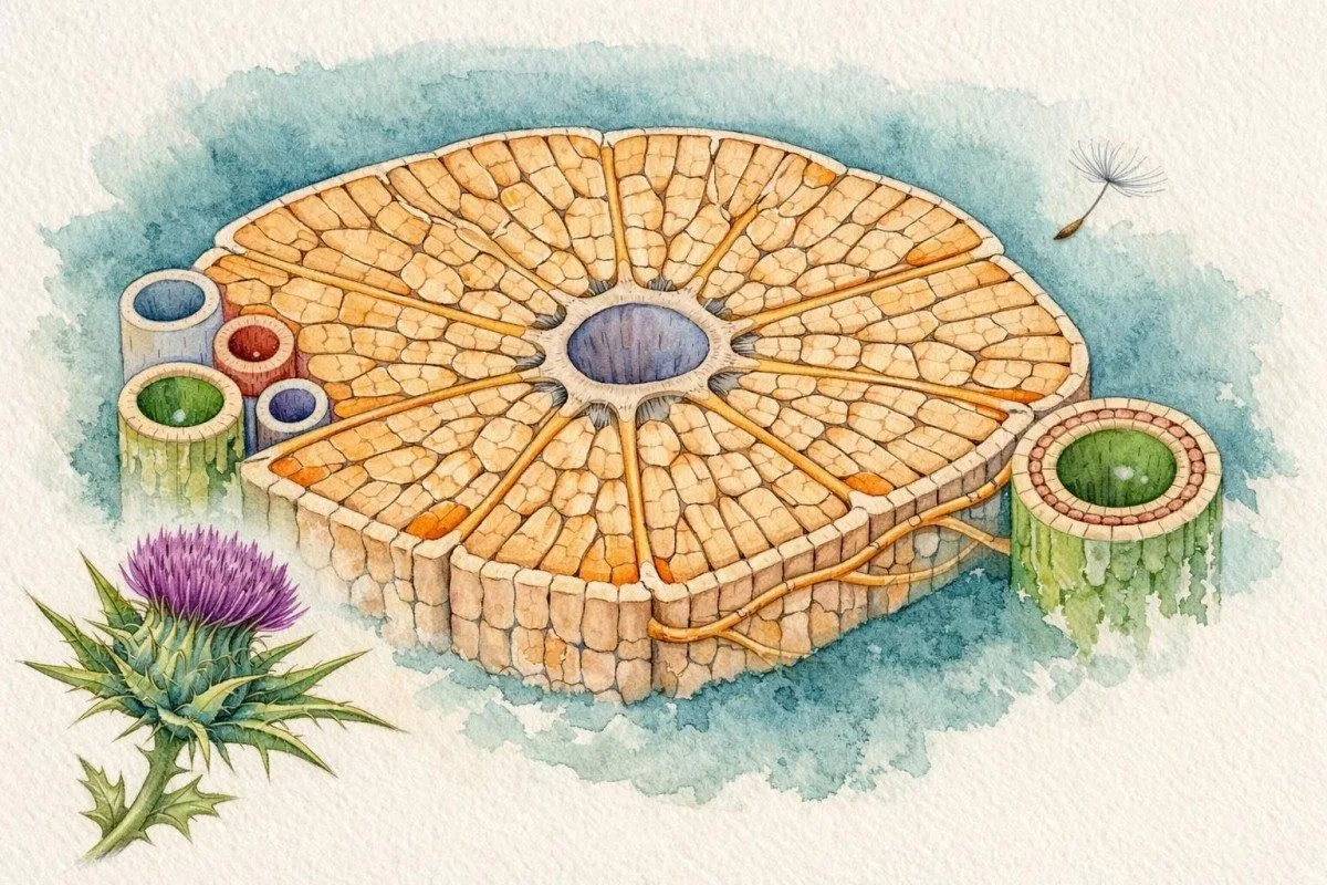 Watercolor liver lobule and bile duct anatomy used to explain full-panel interpretation