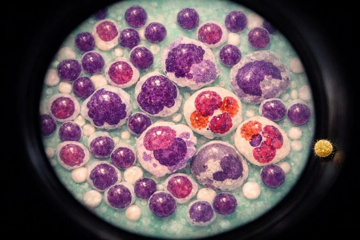 Diferencial microscópico de células blancas con linfocitos, monocitos y eosinófilos en foco