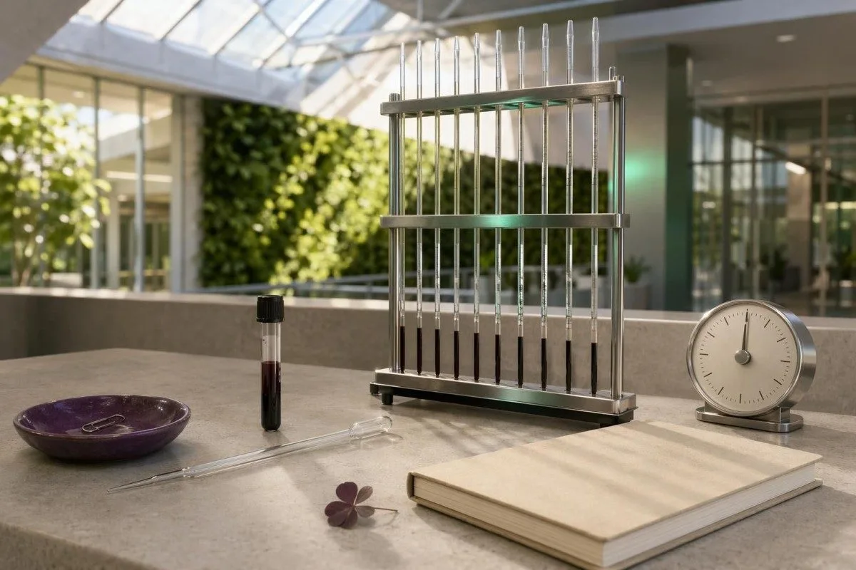 අවසාදනය වූ සෛලමය අංගයන්ට ඉහළින් ප්ලාස්මාව පෙන්වන සිරස් Westergren ESR නලය