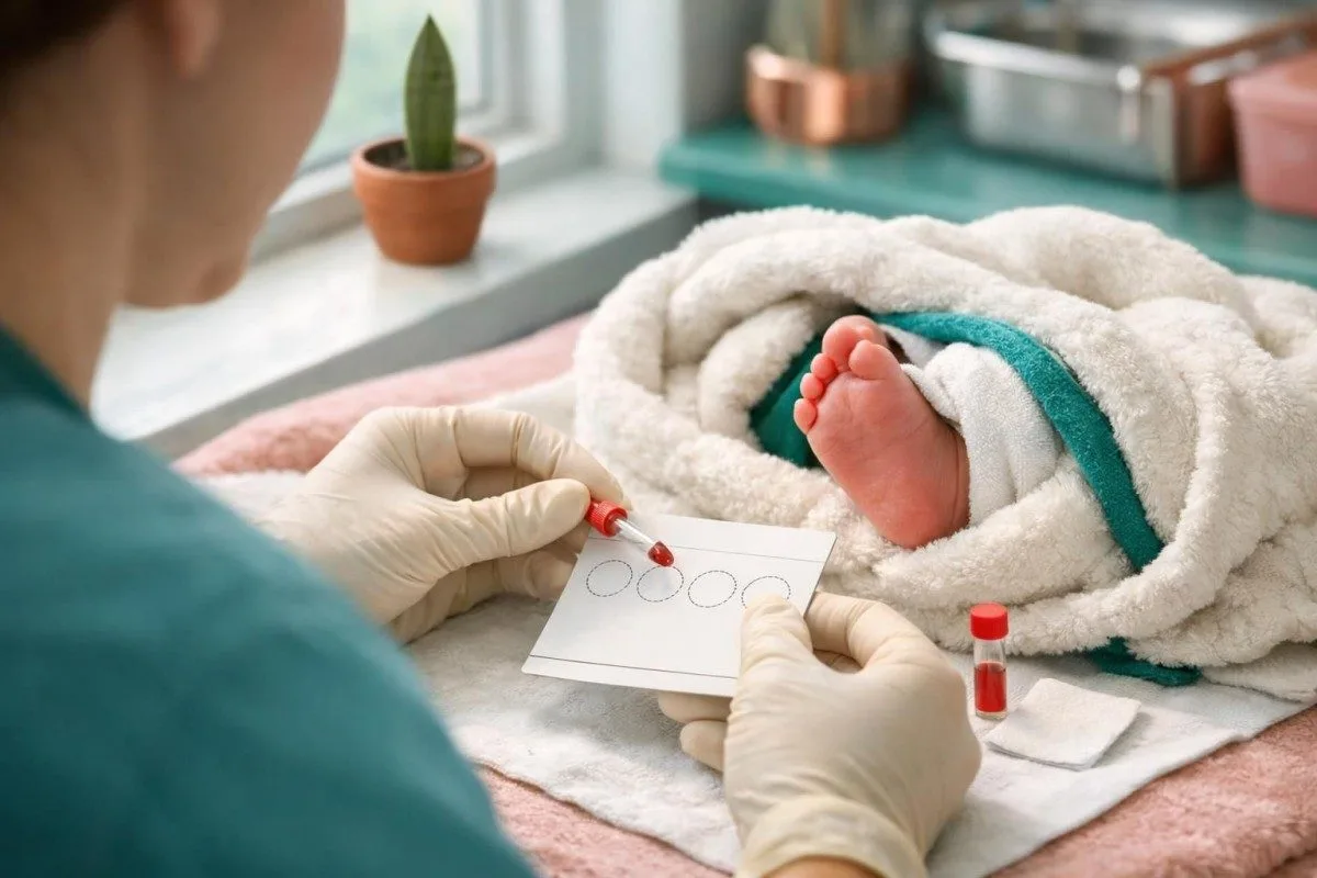 Newborn thyroid screening setup showing infant sample collection and TSH normal range context