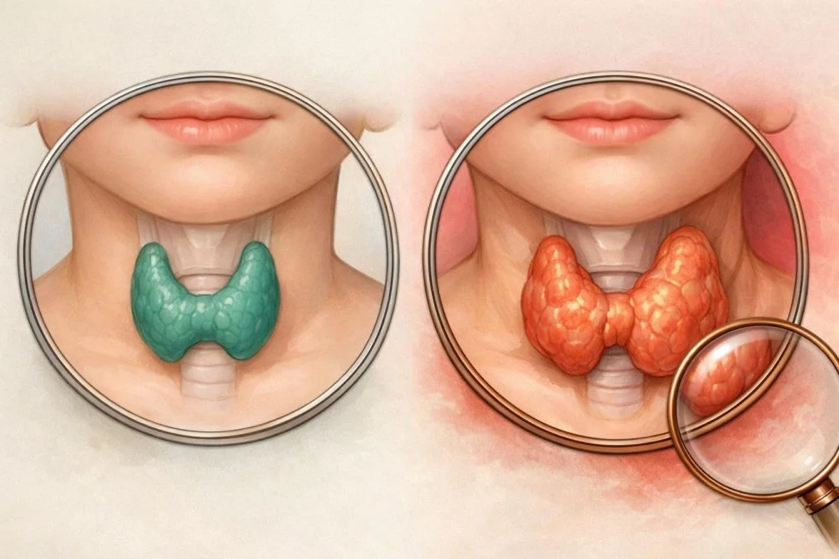 Comparison of normal and enlarged thyroid illustrating TSH normal range warning patterns