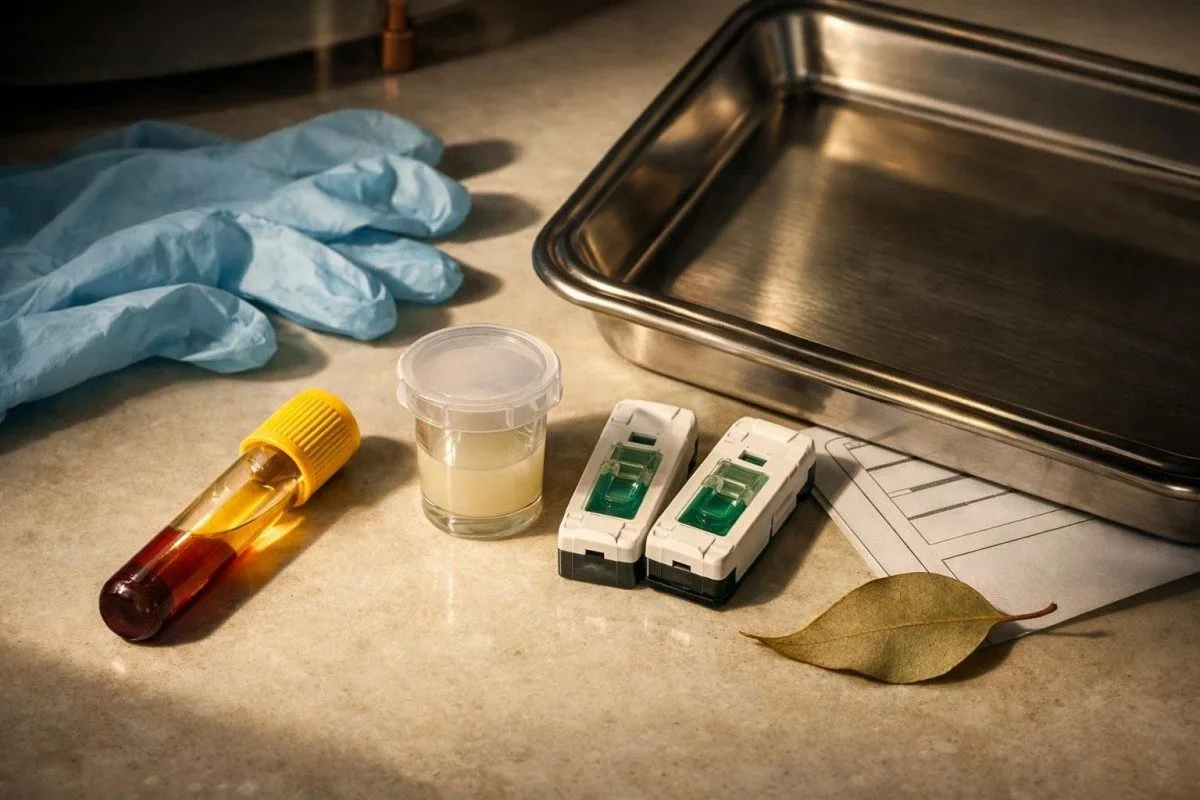 Pediatric thyroid panel reagents and analyzer setup illustrating TSH normal range testing