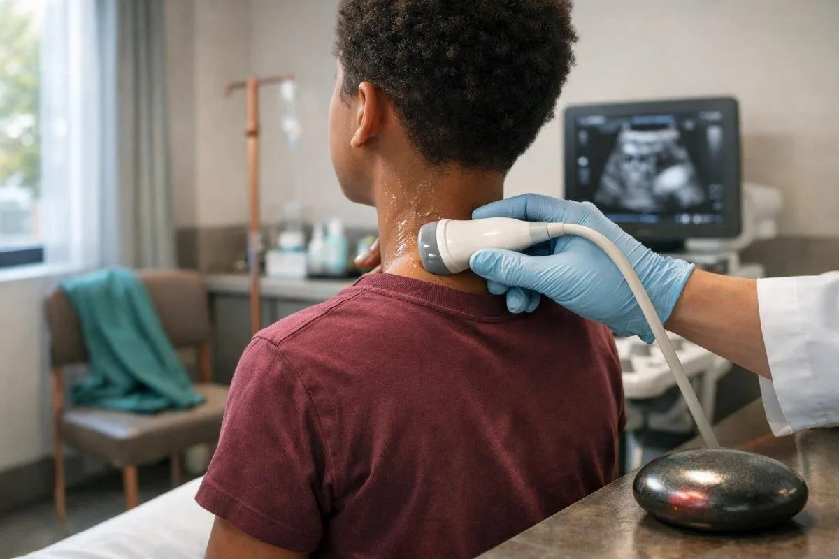 Teen patient journey scene showing thyroid ultrasound and TSH normal range evaluation