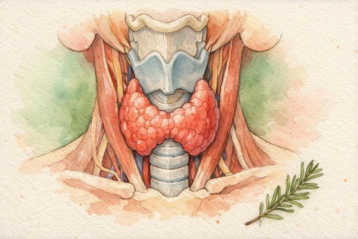 Watercolor thyroid anatomy and pediatric context supporting TSH normal range education