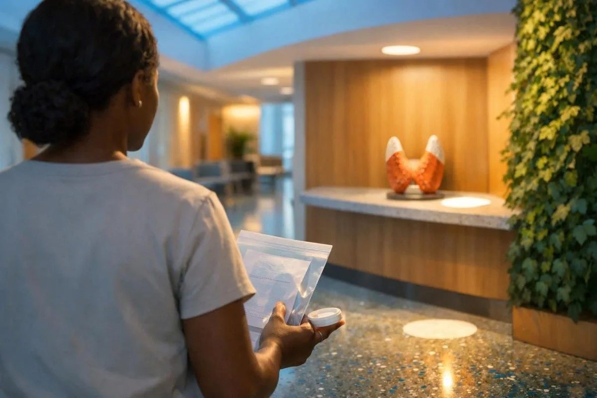 Patient, der bærer en kuvert med prænatale laboratorieprøver til opfølgende vurdering af normalområdet for TSH