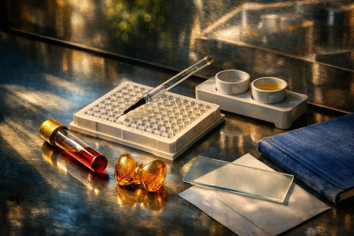 Graviditetens thyroidealaboratorierapport ved siden af en thyroideamodel, der forklarer TSH-fortolkning efter trimester