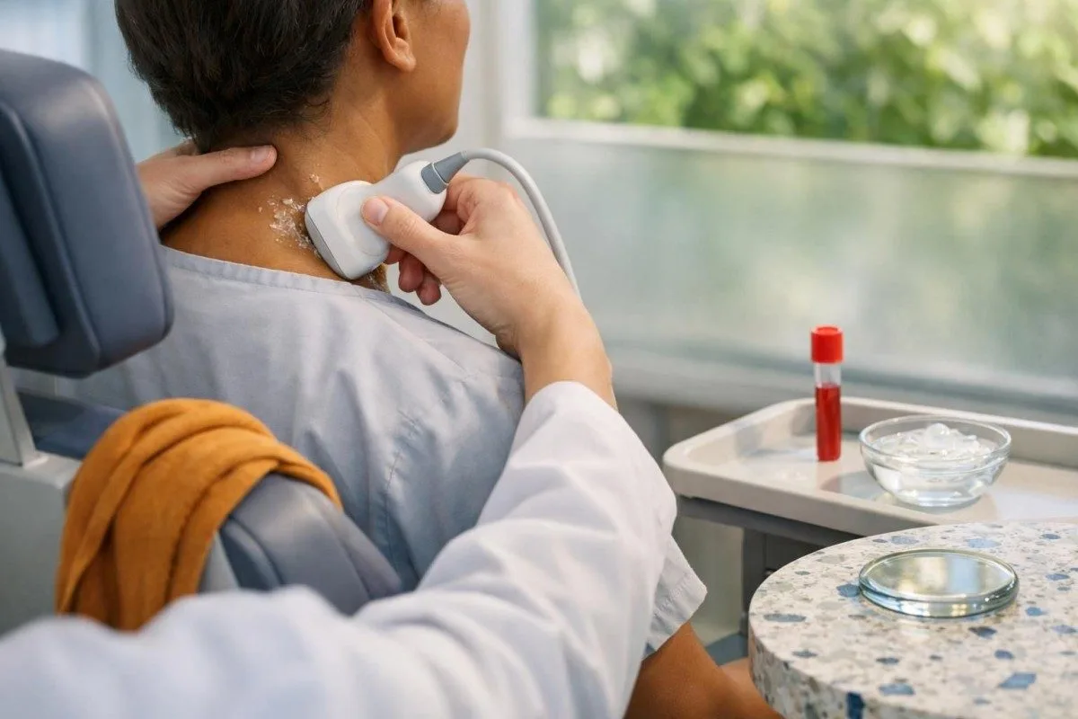 Oprejst thyroidea-ultralydsscene, der illustrerer, hvornår normalområdet for TSH kræver kontekst med frit T4