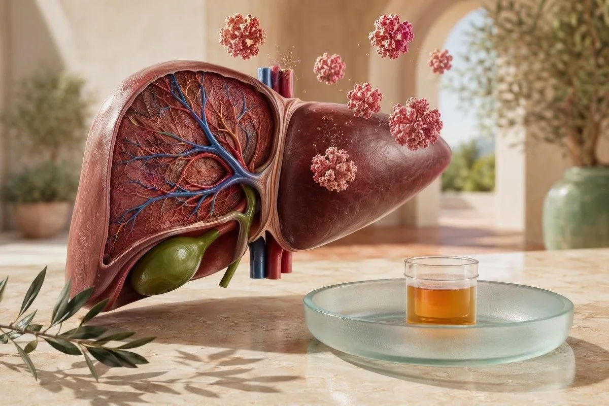 Cosa significa CRP alta mostrato come anatomia del fegato che produce CRP accanto a un campione di laboratorio sierico