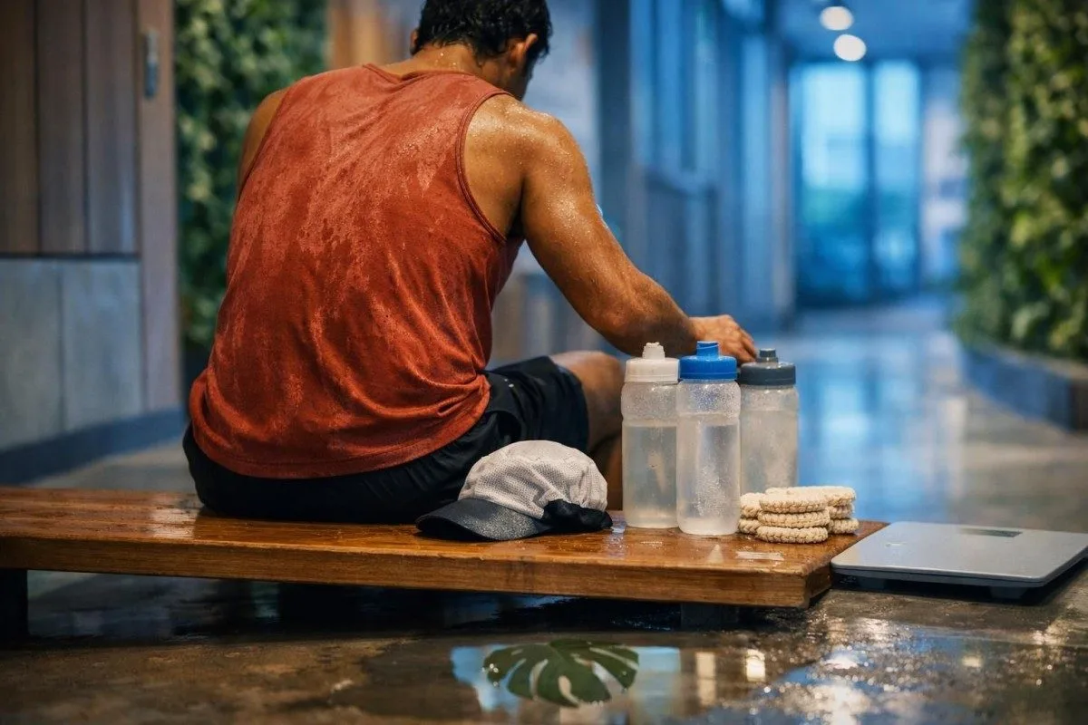 Scena dotycząca nawodnienia wodą i hiponatremii z niską podażą rozpuszczonych substancji, pokazująca płyny, proste produkty spożywcze i kontekst nerek