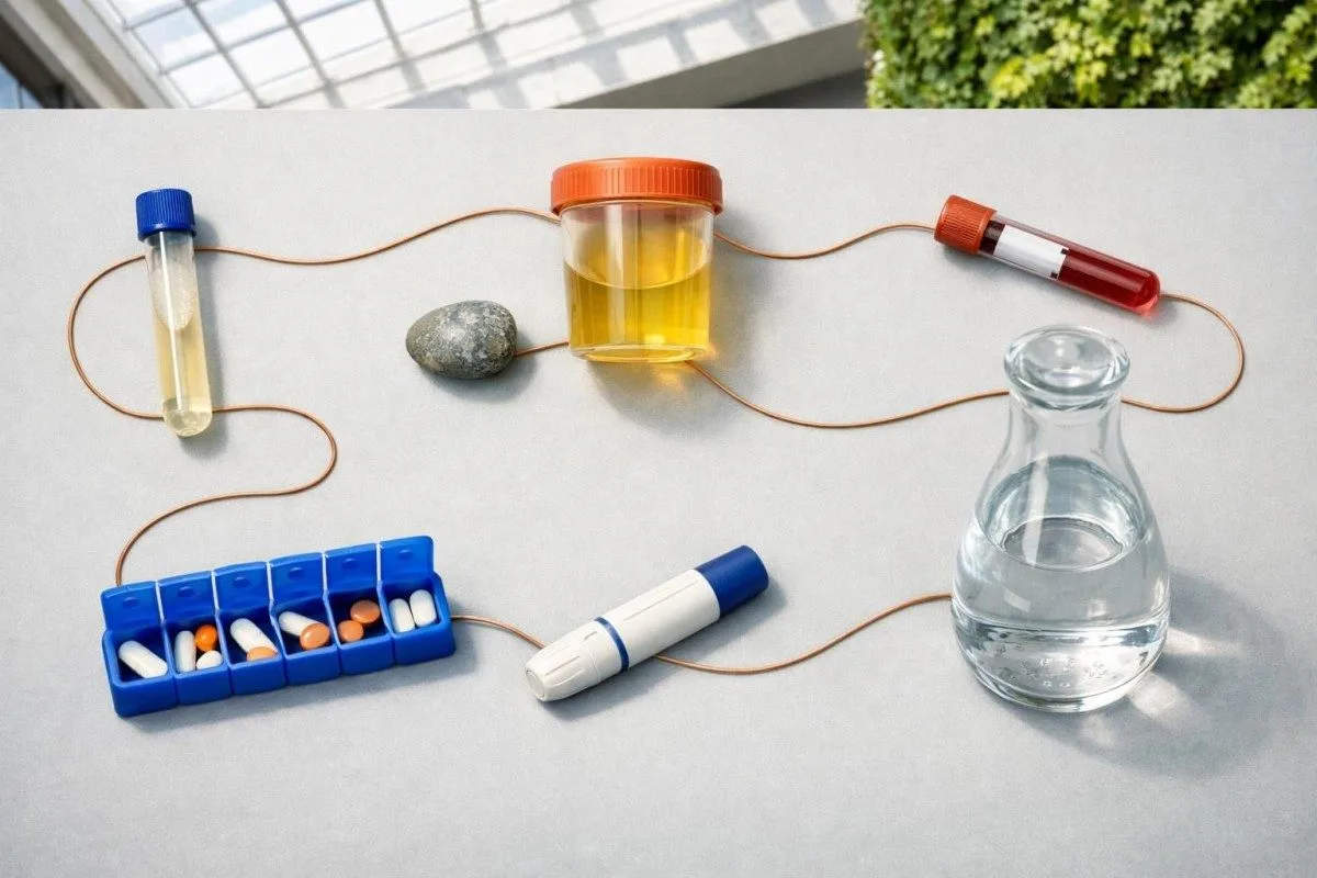 Ilustracja endokrynologiczna łącząca szlaki nadnerczy, tarczycy i ADH z niskim stężeniem sodu