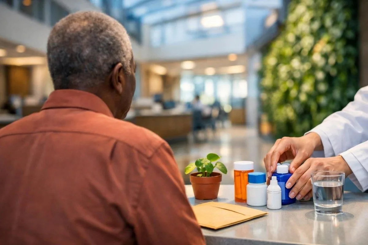 Scena przy biurku referencyjnym z wytycznymi dotyczącymi hiponatremii, badaniami moczu i notatkami badawczymi do przeglądu niskiego stężenia sodu