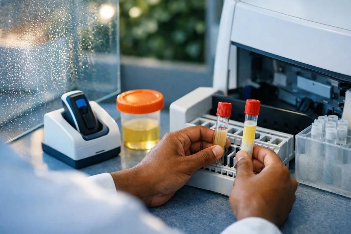 Scena powtórnych badań biochemicznych porównująca klarowną surowicę i lipemiczny materiał po wyniku niskiego stężenia sodu